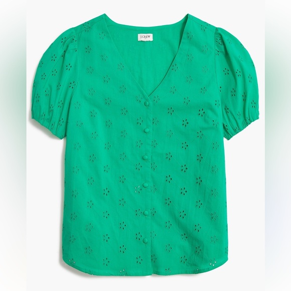 J. Crew Green Puff Sleeve Cotton Blouse. Size S . Style BQ034 - Picture 1 of 7